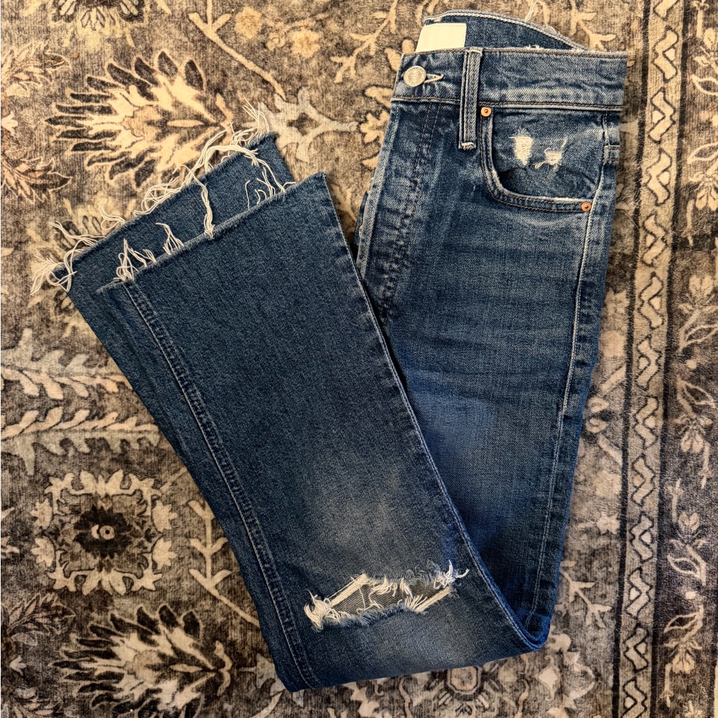 Mother Distressed Straight Leg Jeans In Dark Blue